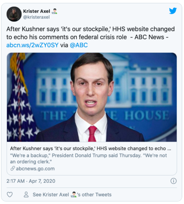 After Kushner says 'it's our stockpile,' HHS website changed to echo his comments on federal crisis role